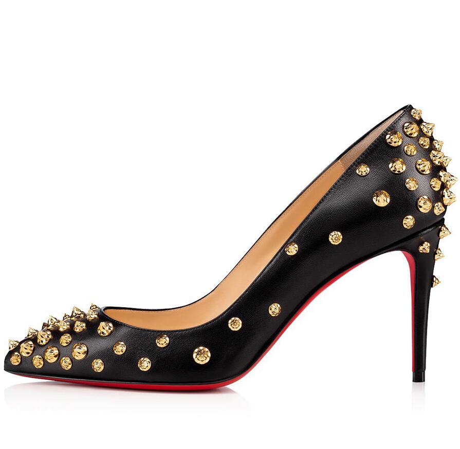 Nude Black Leather Women's Spikes Red Bottom Aimantaclou Pointed Toe Pumps Famous Sexy Lady Party Dress High Heels EU35-43