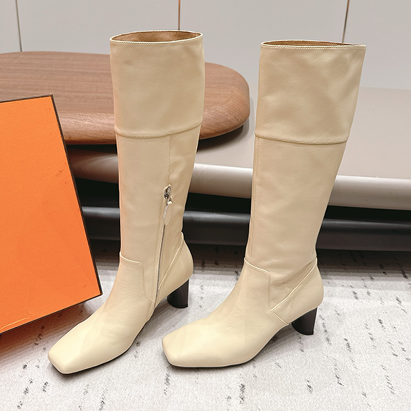 Fashion Designer Womens Nueva Boot Top Quality Small Square Head Apricot Calf Mid Boots Womans Fashionable Outdoor Commuting Knight Boots SIZE 42