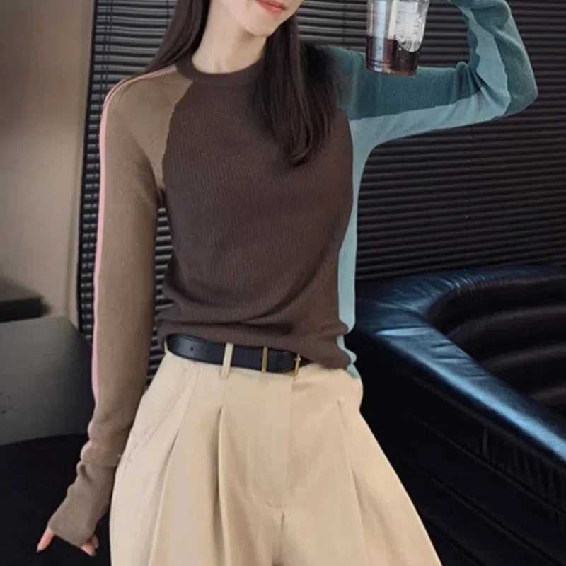 Women's Sweaters Spring Autumn New Round Neck Long Sleeve Fashion Sweater Women High Street Casual Contrast Color Pullovers Vintage Elegant Top