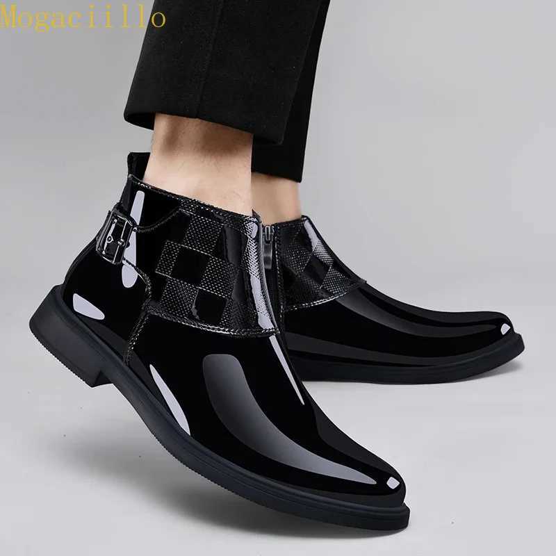 Designer Brand Men's Black Boots Gloss Patent Leather Ankle Boots High Quality Buckle Decor Chelsea Boots Genuine Leather Business Casual Shoes