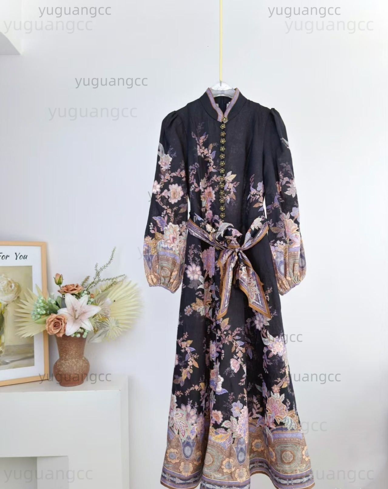 dress Designer Women Spring high quality Fashion Lantern Sleeve Belted Dress Charming Evening Dresses Puff Long Sleeve High Waist summer Dress 6e2