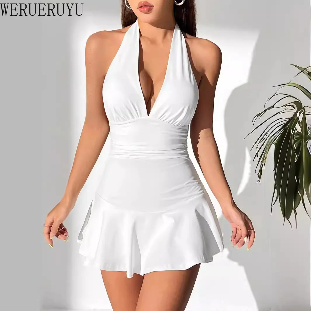 Backless Halter-neck Dress Woman Clothes Summer Beach Vacation Sleeveless V-neck Black White Sexy Mini Dresses for Women 260922