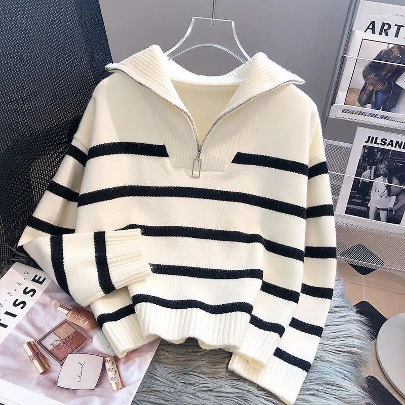 Pullover For Women Autumn Winter Underwear 2026 Zipper Stripe Underlay Short Sweater Style Premium Female