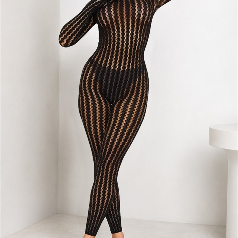 Women's Black Sheer Mesh Bodystocking Long Sleeve Hollow Out Catsuit Sexy Lingerie Jumpsuit See Through 260922