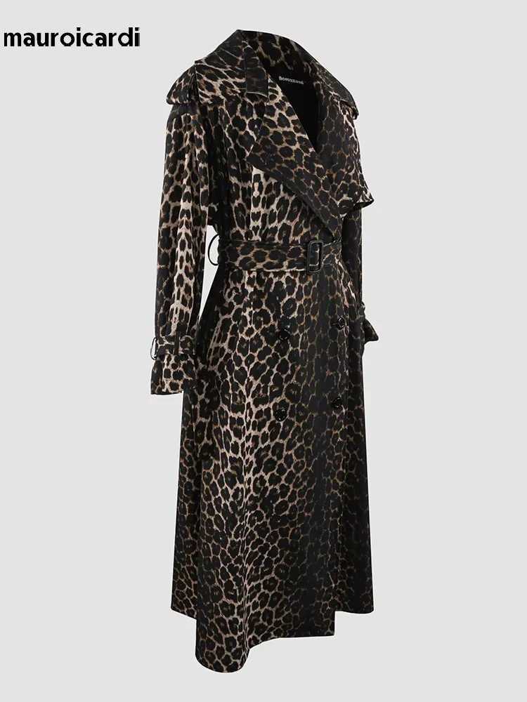 Mauroicardi Spring Extra Long Oversized Flowy Thin Soft Colorful Leopard Print Trench Coat for Women Designer Clothes M260922