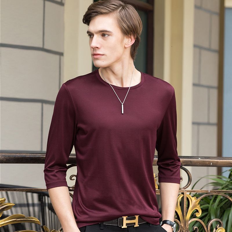 Spring and Autumn Men's T-Shirt, Mid-Sleeve Base Layer, Solid Color, Slim Fit, Plus Size, 7/8 Sleeve Top, Trendy, Direct from Manufacturer