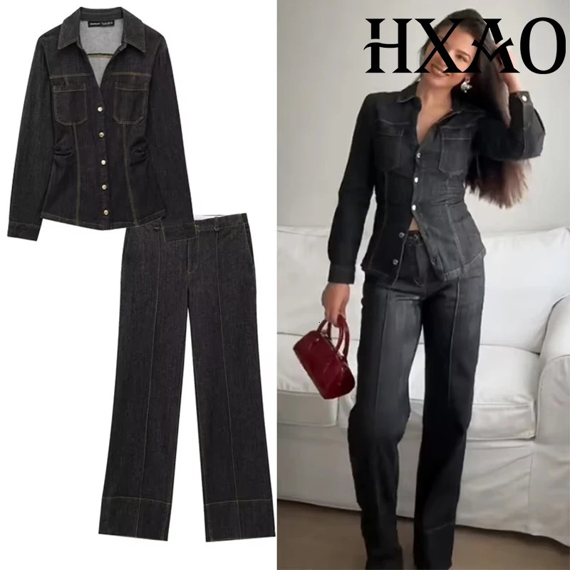 HXAO Denim Pants Set Womens 2 Pieces Outfit Spring Long Sleeve Tops Wide Leg Pants Fashion Casual Elegant Trousers Sets 260922