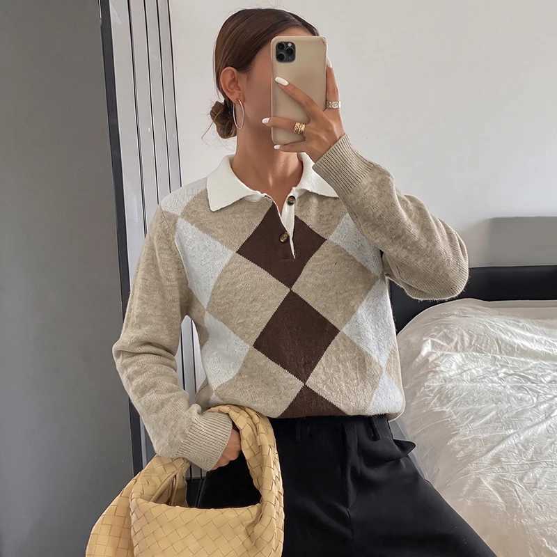 Women's Sweaters 2026 Autumn/Winter New Style - College Style Neck Color-Contrasting Pattern Plaid Sweater for Women D260923