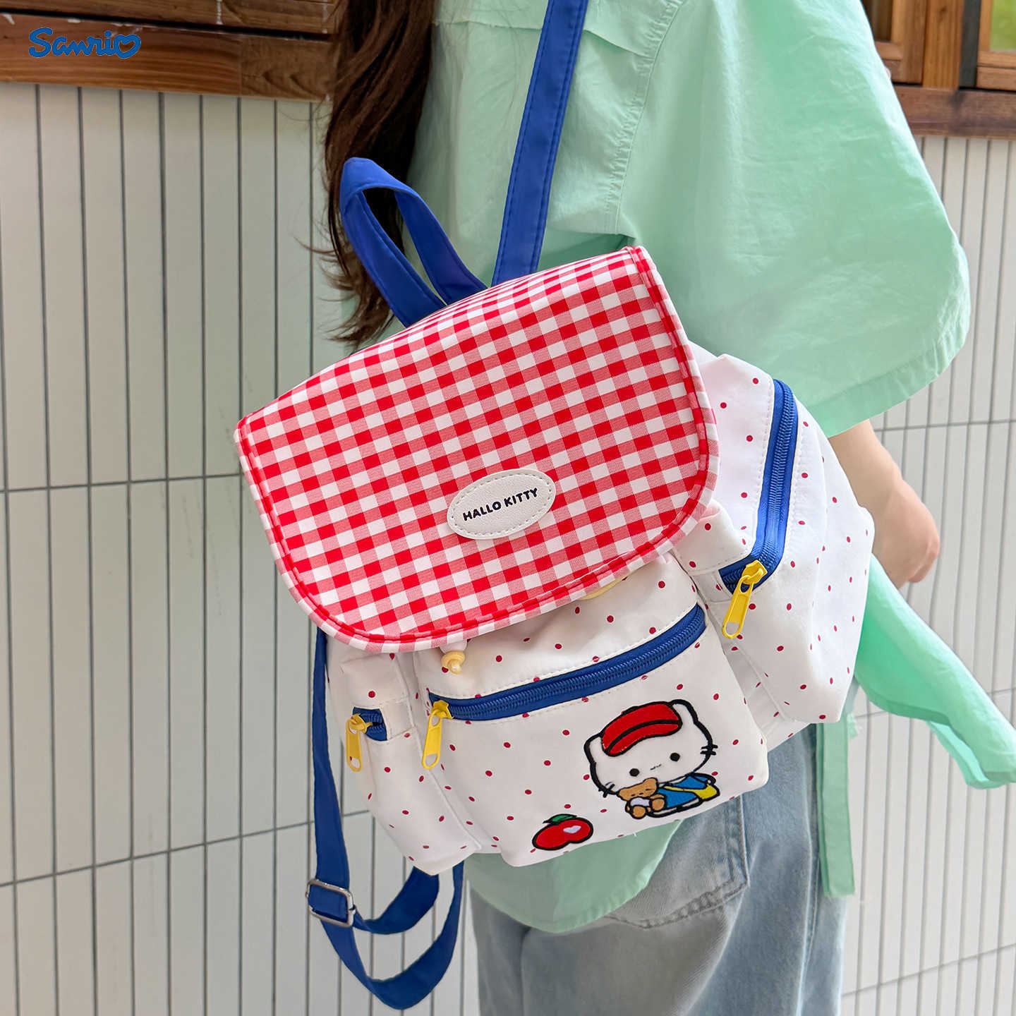 Sanrio Backpacks Cute Color-Block Plaid Girls' Backpack 2026 New Flip-Top Backpack Sweet Large Capacity Lightweight Casual School Bag L260923N8