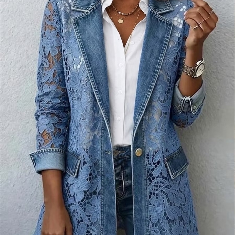 Vintage Hollow Out Floral Lace Spliced Denim Jacket Women Notched Lapel Single Button Long Sleeve See Through Casual Blazer Coat 260915