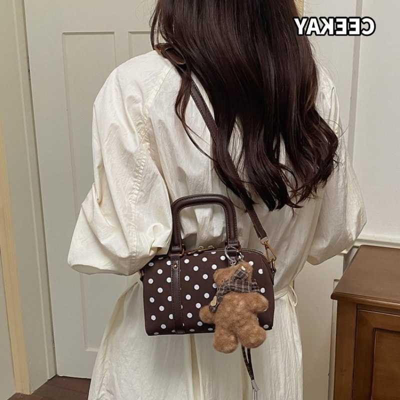 Cross Body CEEKAY Women's Round Barrel Bag Dark Brown Polka Dot Leather Plush Bear Pendant Detail Versatile Everyday Commute Casual Style D2609