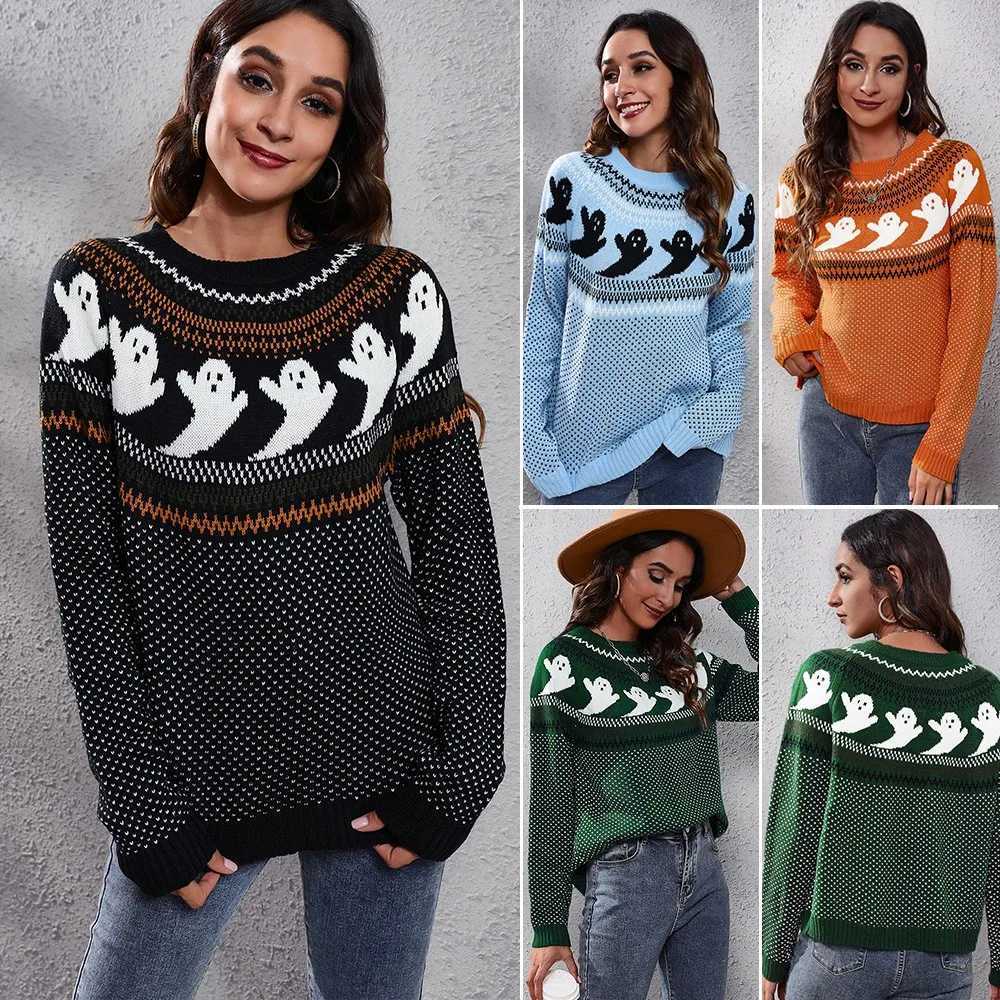 Women's Sweaters Women Clothes Sweater Round Neck Long Sleeve Knit Sweater Skull Print Pullover Oversized Halloween Knitted Top Black Orange H2