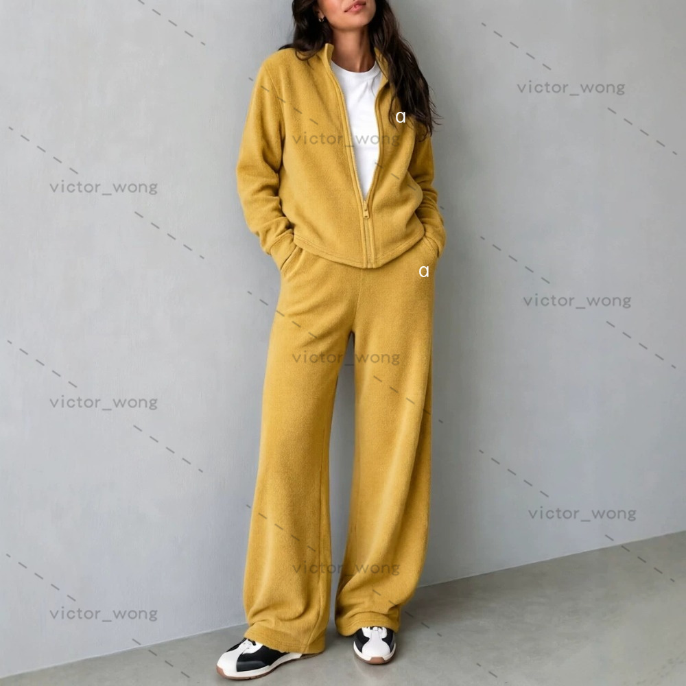 Designer Women Fleece Two Piece Outfit Full Zip Stand Collar Jacket High Waist Wide Leg Pants Yoga AutumnTracksuit Set