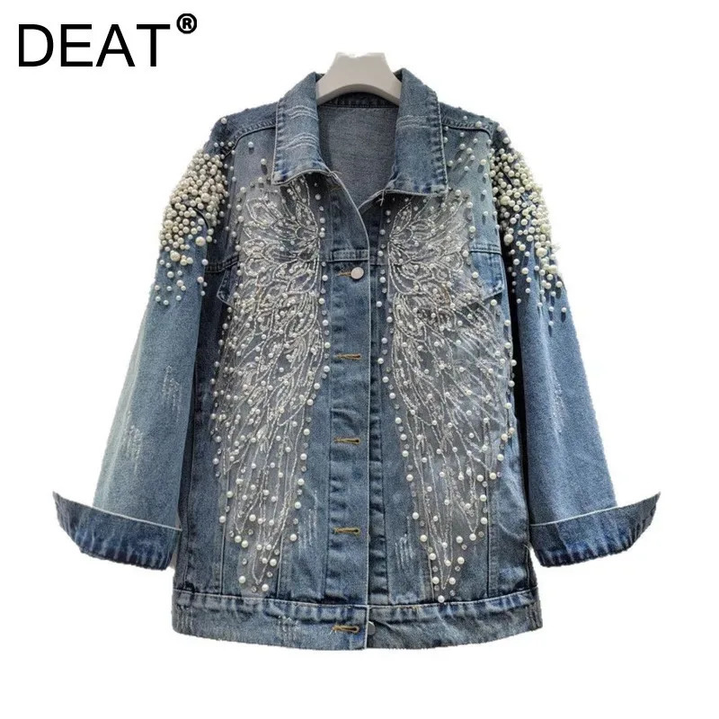 DEAT Women's Denim Coat Patchwork Embroidered Bead Nail Pearls Female Single Breasted Jackets 2026 Summer Fashion 29A794 260923