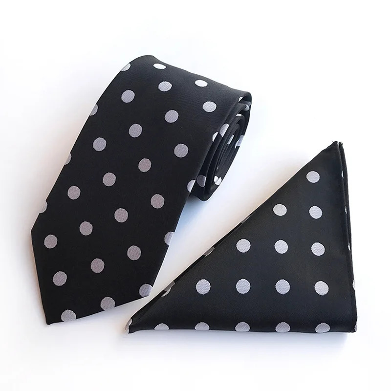 8 cm Mens Classic Tie Jacquard Woven Black White Polka Dot Necktie Hanky Sets for Man Wedding Business Party Gravata 260923