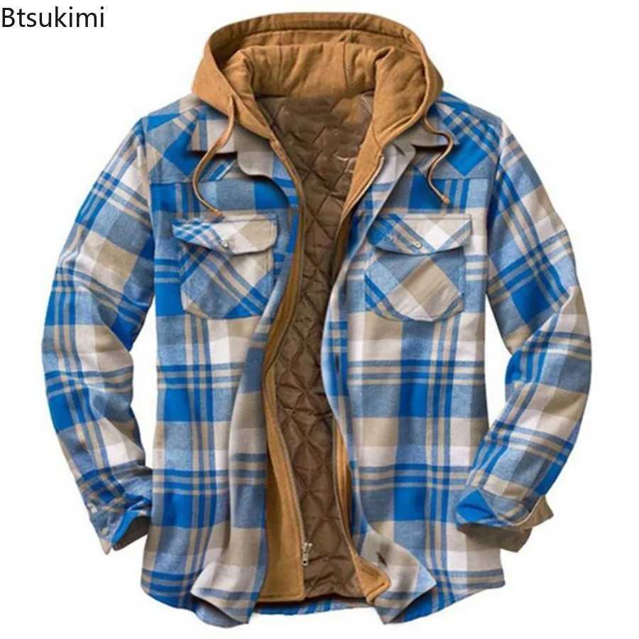 Men's Down Parkas 2026 Men's Winter Printed Cotton Jackets Harajuku Plaid Shirts Coats Hooded Zipper Long Sleeve Basic Casual Shirts Jacke