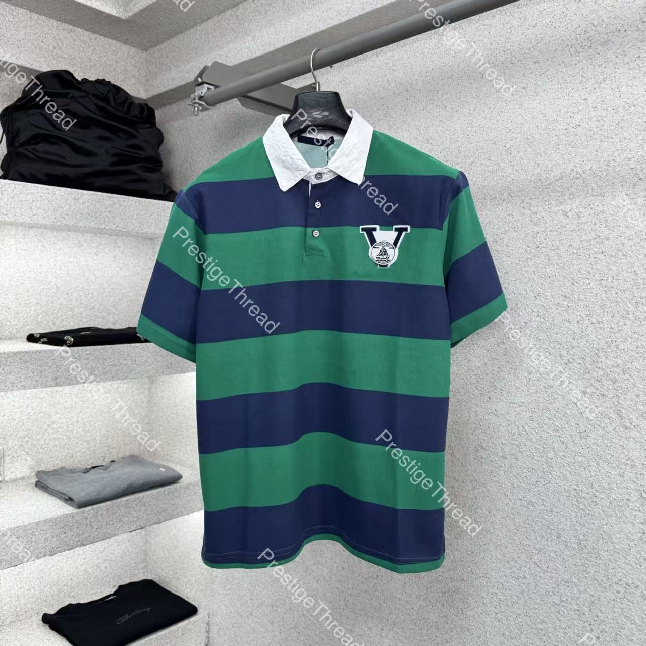 Designer Stripe Color-Block Short Sleeve Men's Polo High-Quality Blue and Green Color-Block Printed T-Shirt