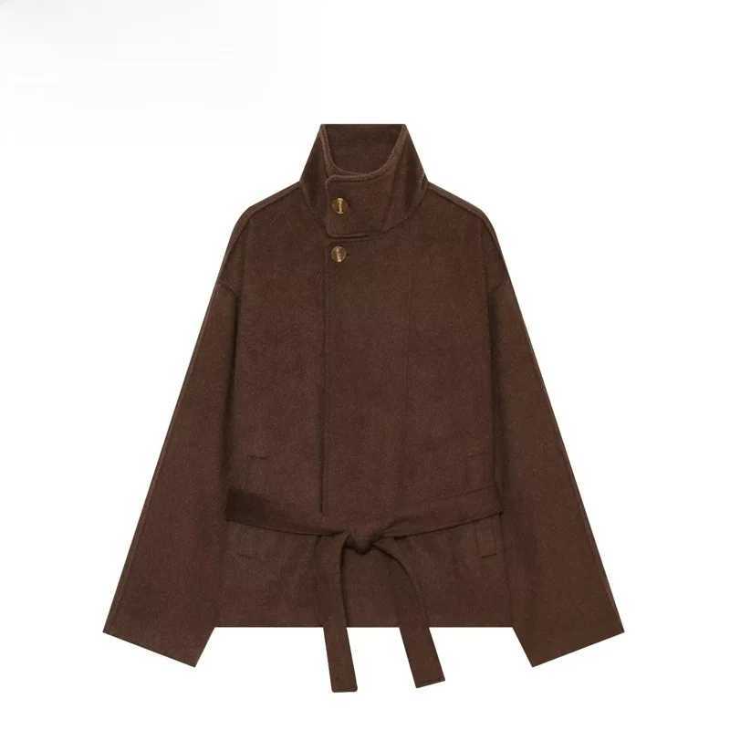 Giacca con cintura in vita in lana con colletto alla coreana retrò alla moda per donna Versatile Quty Nuovo arrivo Stile casual Vestibilità standard