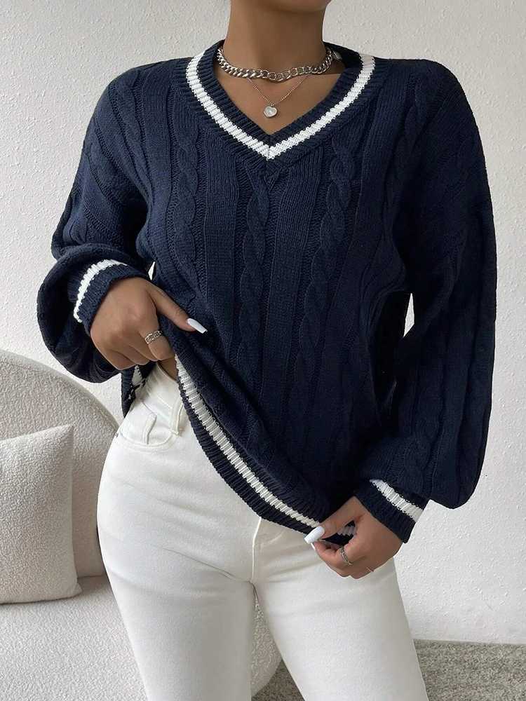 Women's Sweaters Women's Fashionable V-neck Top elegant Intercolor Knitwear Long sleeve Loose Fried Dough Twists Style D260923