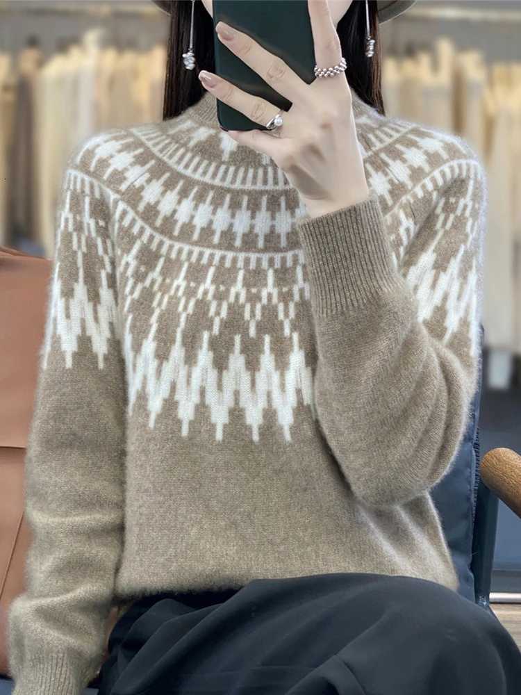 Women's Sweaters Winter Bloom Merino Wool Sweater Ladies Mock Neck Fair Isle Knit Pullover Soft Warm Top for Autumn Winter Daily Outfit D260923
