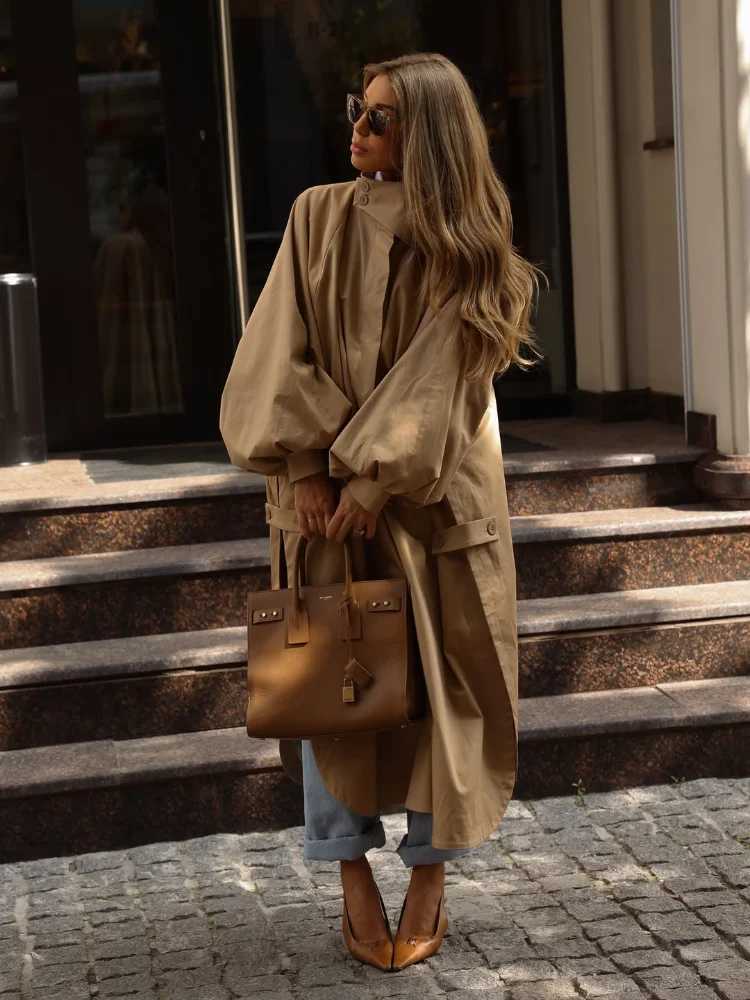 Fashion Solid Trench Women Coat Loose Lapel Lantern Long Slve Single-breasted Windbreaker 2026 Autumn Lady Chic Strt Outwear M260922