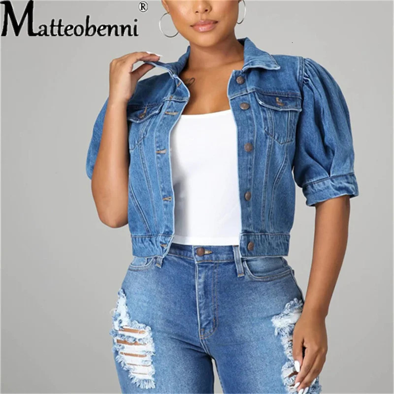Women Sexy Ripped Denim Crop Jackets Tops Ladies Vintage Casual Short Jean Jacket Puff Sleeve Female Coat Streetwear 260921