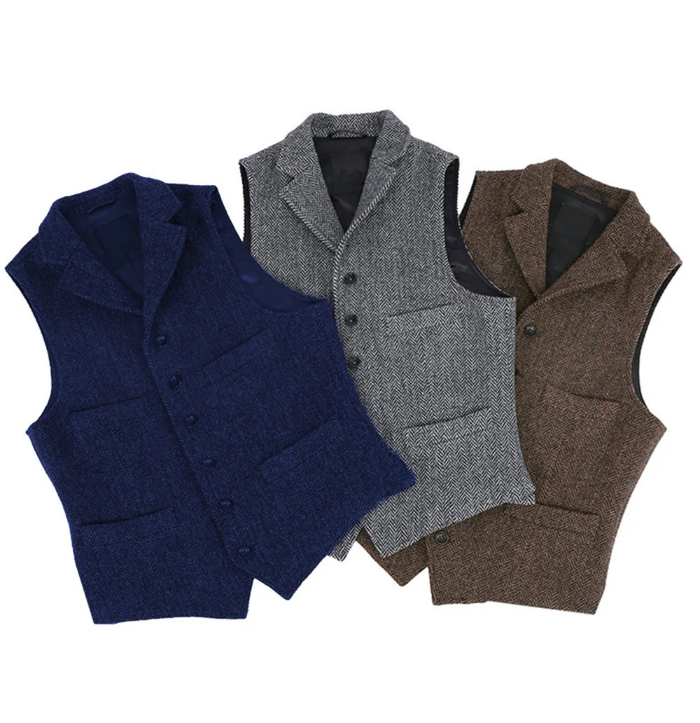 2026 Mens Vest Classic Brown Suit Wool Tweed Notch Lapel Waistcoat Herringbone Groomsmen Winter Coat For Wedding 260921