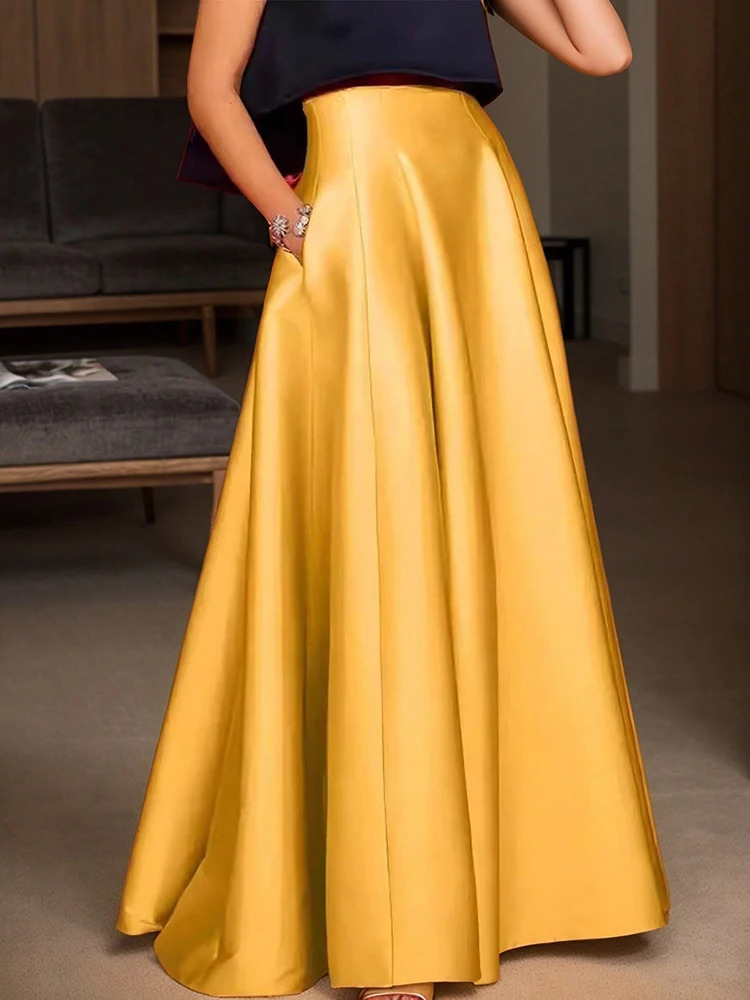 Elegant Satin A-line Long Skirts for Women High Quality Smooth Party Maxi Skirt with Pockets Y2K Lady Solid Women's Skirts 260923