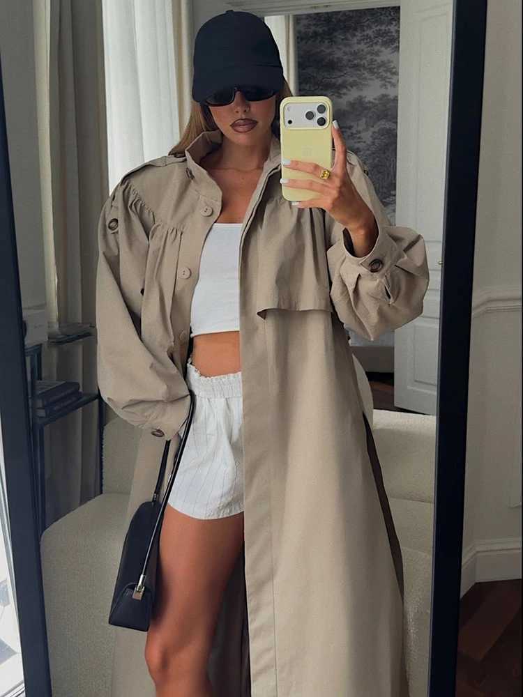 Casual Solid Long Windbreaker Women Patchwork Full Slve Button Lapel Female Loose Outwear 2026 Autumn Winter Chic Lady Jacket M260922
