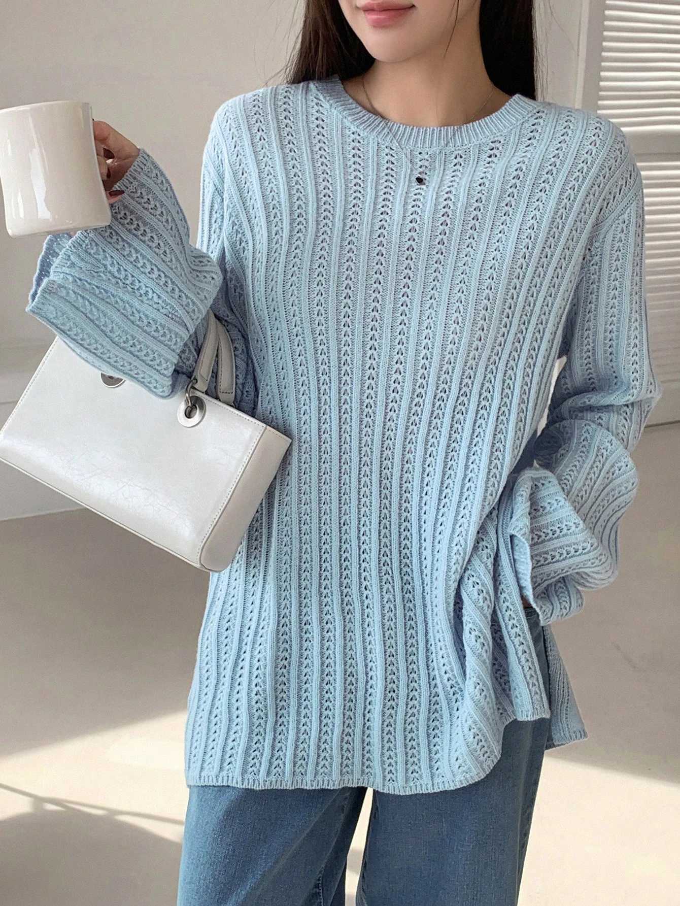 Women's Sweaters Women's Light Blue Oversized Knit Sweater Long sleeve Crew Neck Pullover Loose Summer Casual Top D260923