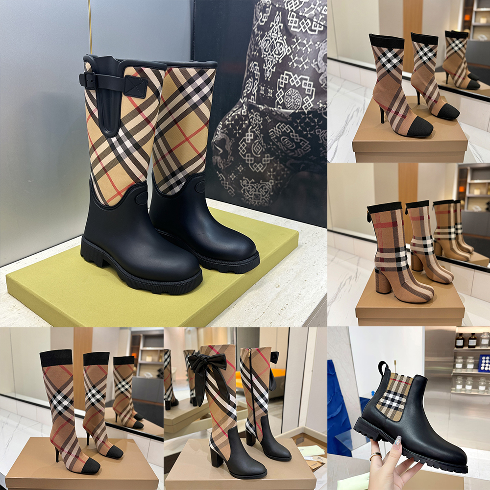 Designer Vintage Plaid Check Sock Boots Women Fashion Rubber Marsh Stamp High Boots Waterproof Rain Boots Block High Heels Party Daily Women Shoe