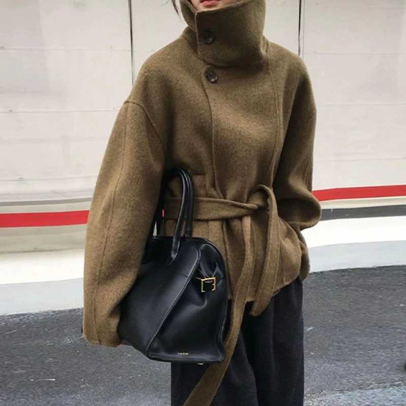 Autumn Winter New High-necked Fashion Loose Double-sided Woolen Coat Women's Vintage Lace-up Warm Women's Clothing S260923FMPJ