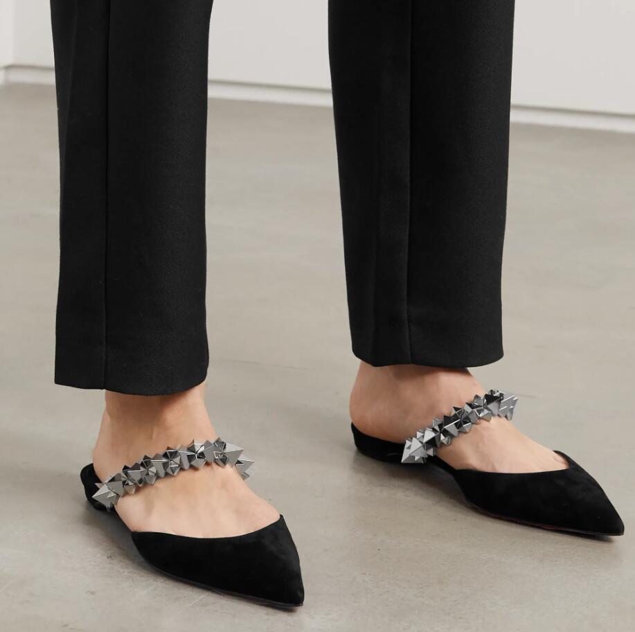 Luxury Summer Lady Spikoo PVC Spikes Sexy Pointed Toe Red Bottom Flats Ankle Strap Women Brand Fashion Designer Party Wedding With Box
