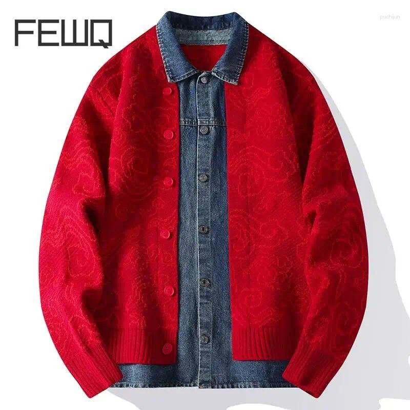 Men Autumn Winter Fake Two Piece Knit Cardigan Denim Collar Cloud Pattern Print Loose Casual Streetwear Warm Basic Sweater
