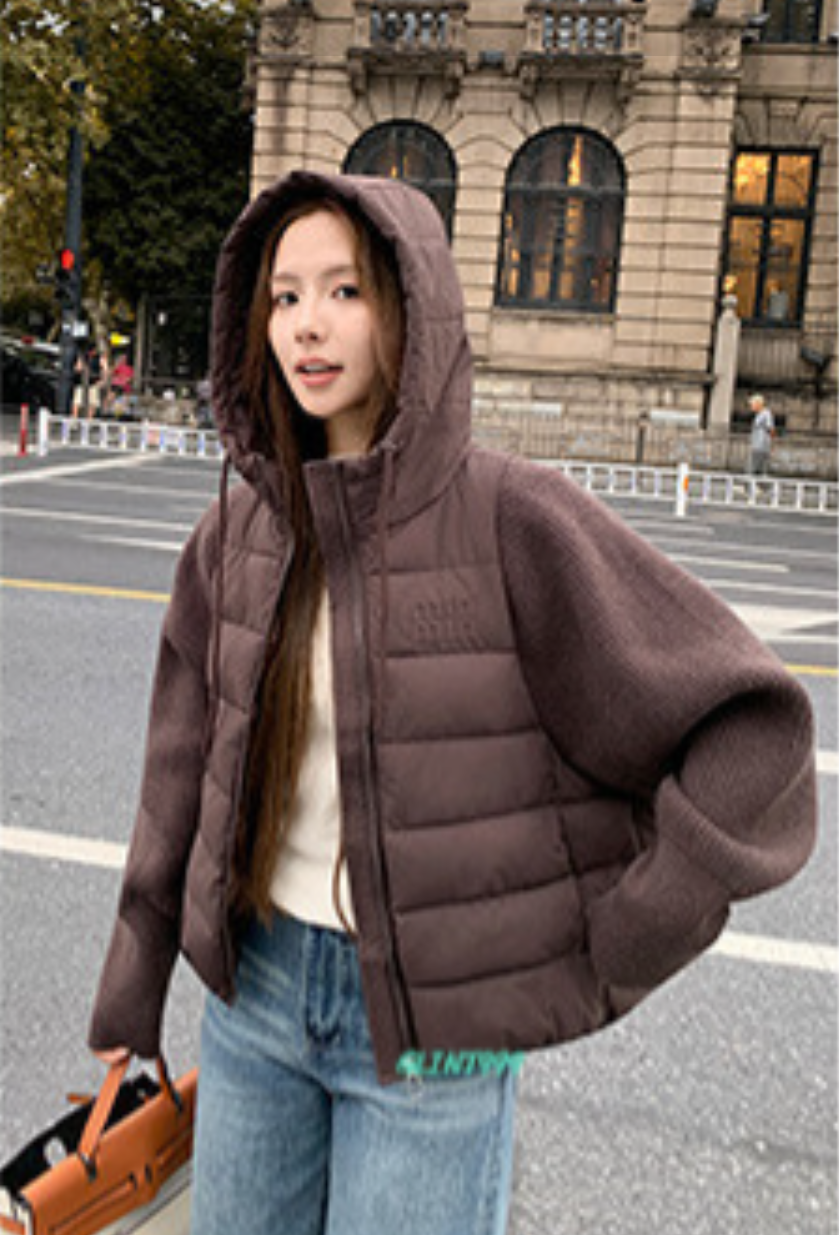 2026 Winter Lightweight Knitted Splicing Down Cotton Jacket Short Hooded Fake Two Piece Cotton Jacket Korean Edition Loose Jacket