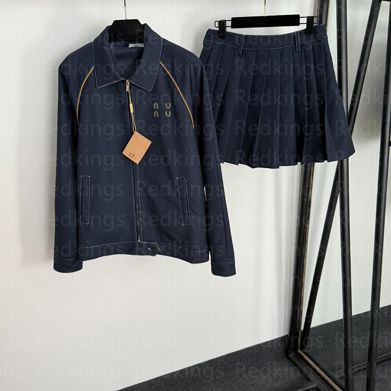 Navy Zipper Jacket Skirt Outdoor Street Style Coat Skirts Set Two Piece Brand Outerwear Outfits Trendy Lapel Neck Jackets Pleated Skirts Clothing