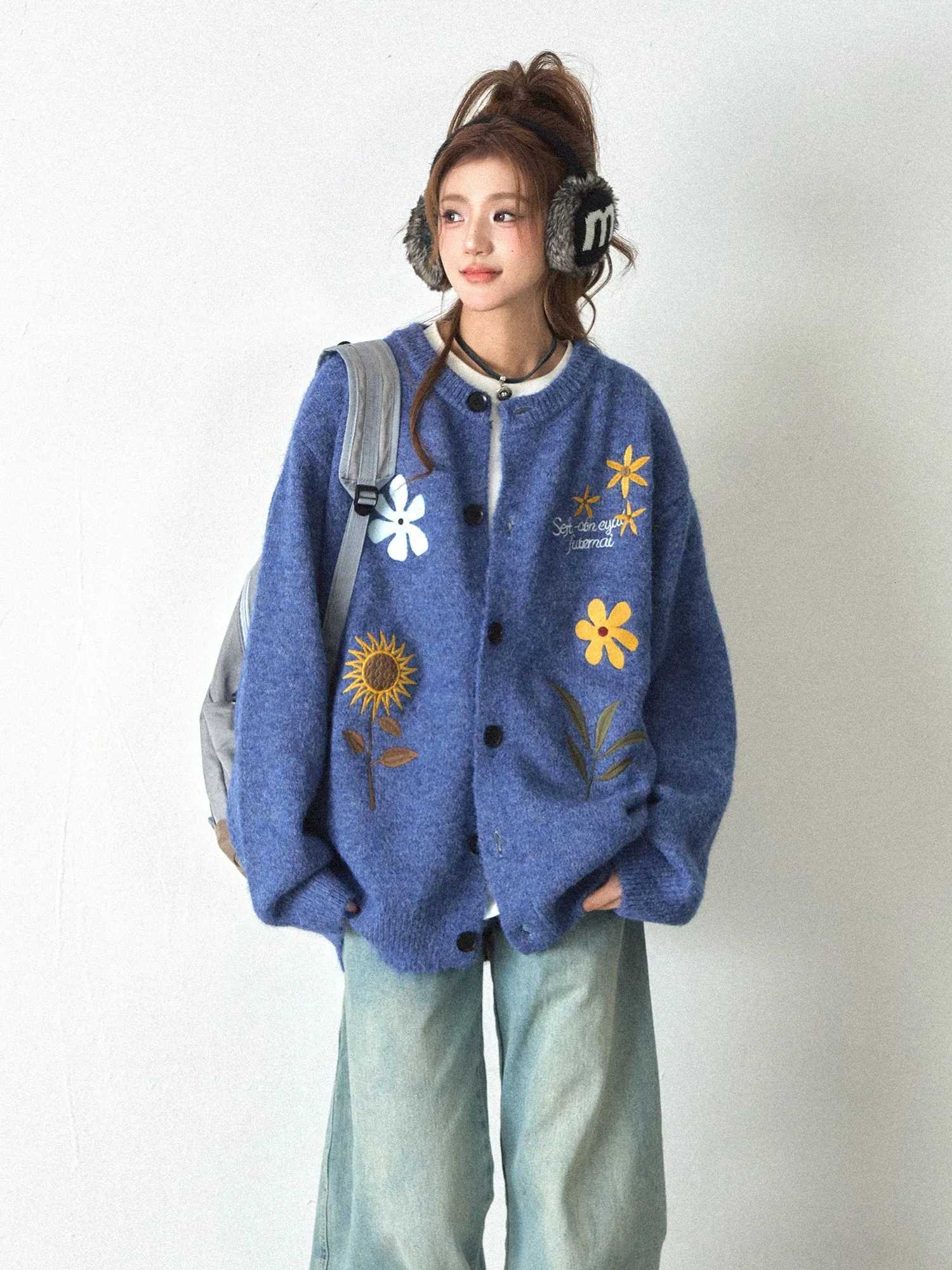 Women's Sweaters Women's Floral Embroidery Cardigan Sweet Preppy Style Knitted Sweater Long Sleeve O-Neck Lazy Wind Fashion Jacket Tops H2