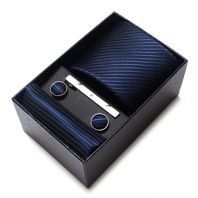 8 cm Wide Tie Sets Blue Solid Men's Neck Tie Handkerchief Cufflinks Clip Box Wedding Gift Silk Handmade 260923
