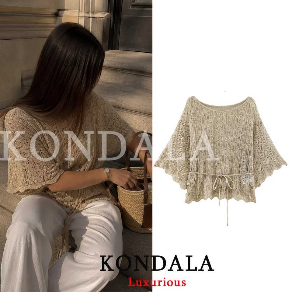 Women's Sweaters KONDALA Vintage Casual Women Knitted Top Sashes Lace-up O-Neck Short sleeve Top Fashion 2026 Summer Fall Holiday Hollow Out To