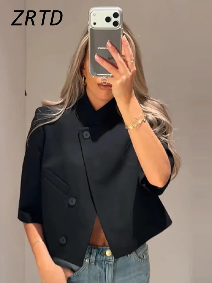 Elegant Women's Cropped Suit Jackets Asymmetric Stand Collar One Button Short Sleeve Blazer 2026 Spring Summer Lady Outwear 260922