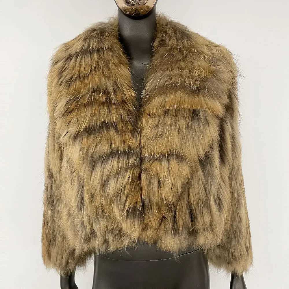 BLUENESSFAIR 2024 Autumn Winter Warm Turn-down Natural Raccoon Fur Woven Jacket Women Short Fur Coat Strtwear Outerwear M260922