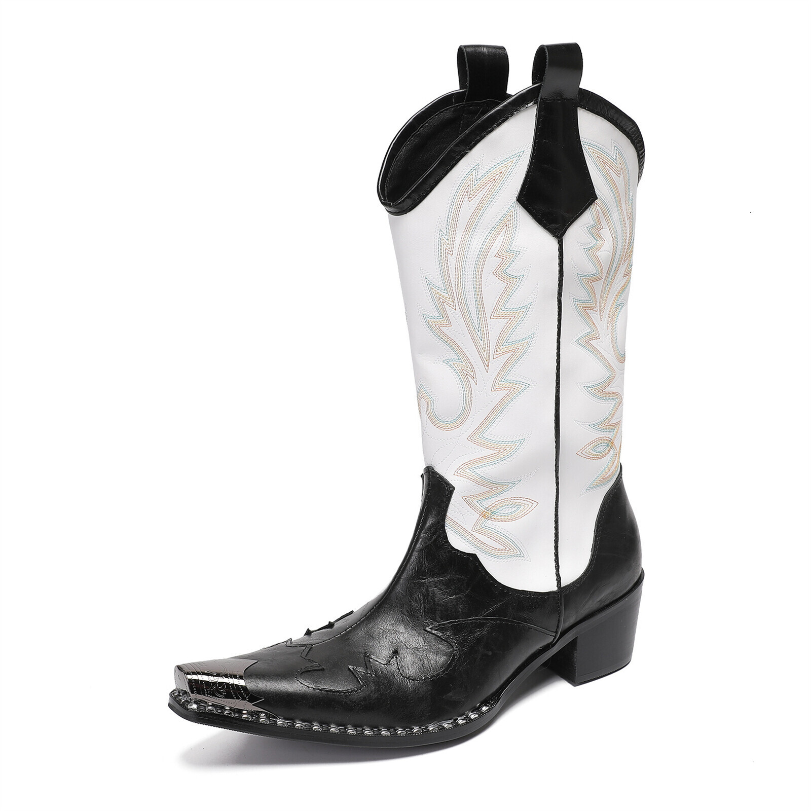 Men Street Style Western Cowboy Boots Pointed Toe Chunky Heel Pull On Floral Embroidered Vintage Mid Calf Genuine Leather Winter Shoes Plus Size
