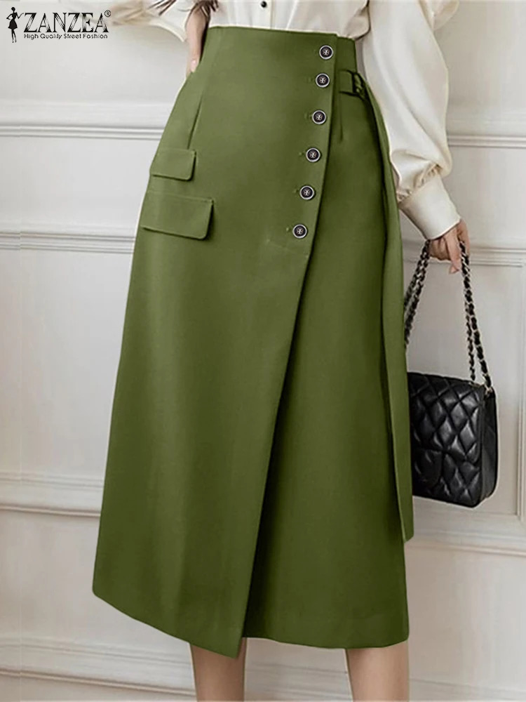 ZANZEA Women Autumn Long Jupes Faldas Saia Elegant Office Lady Skirts Bandage High Waist Midi Skirt Casual Loose Solid Bottoms 260923