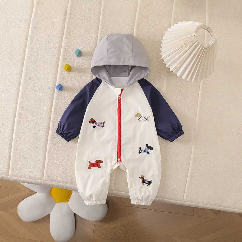 Rompers Spring Autumn Infant Baby Hooded Romper Cute Dog Embroidery Zipper Baby Clothes Long Sleeve Newborn Windproof Jumpsuit X260922