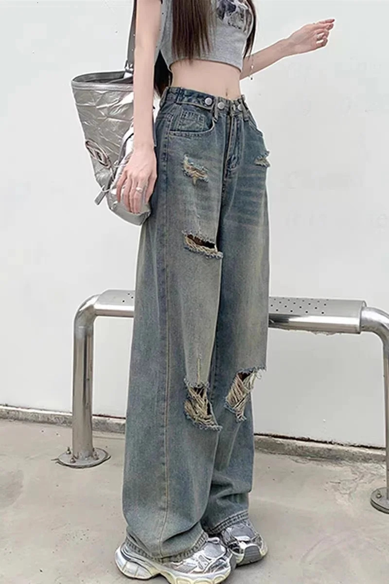 plus Size Women's Vintage Adjustable Waist Wide Leg Jeans Spring Summer High Waist Straight Long Pants Floor Length Trousers 260922