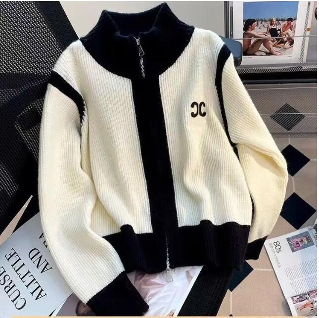 Luxury Cardigan Sweaters - Women's Knitted Color Block Cardigan Jacket, Embroidered Stand Up Collar Long Sleeve Autumn Winter Coat