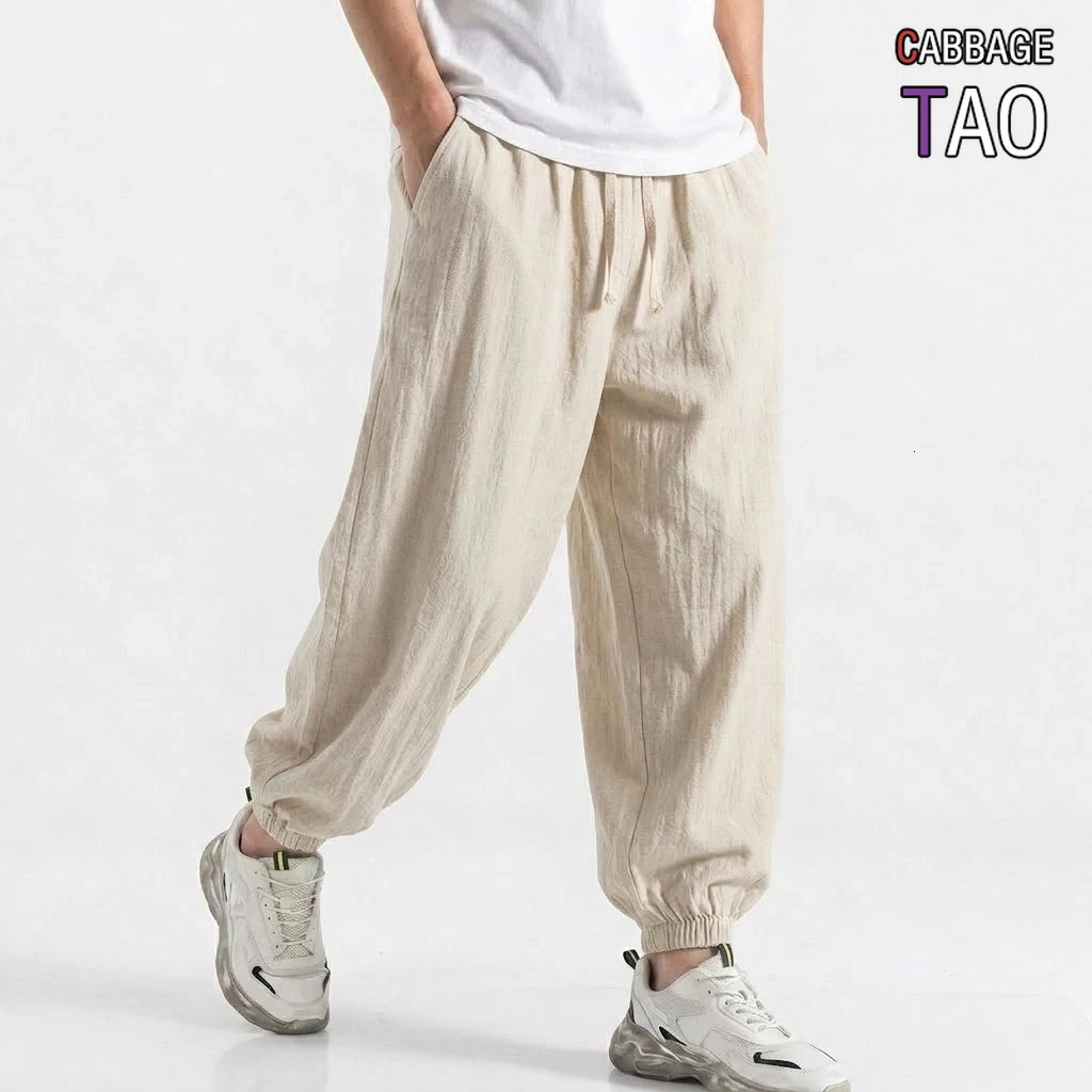 Mens Cotton Linen Harem Trousers Spring Summer Drawstring Loose Baggy Bottoms Casual Streetwear Pants for Gym Daily Work 260918