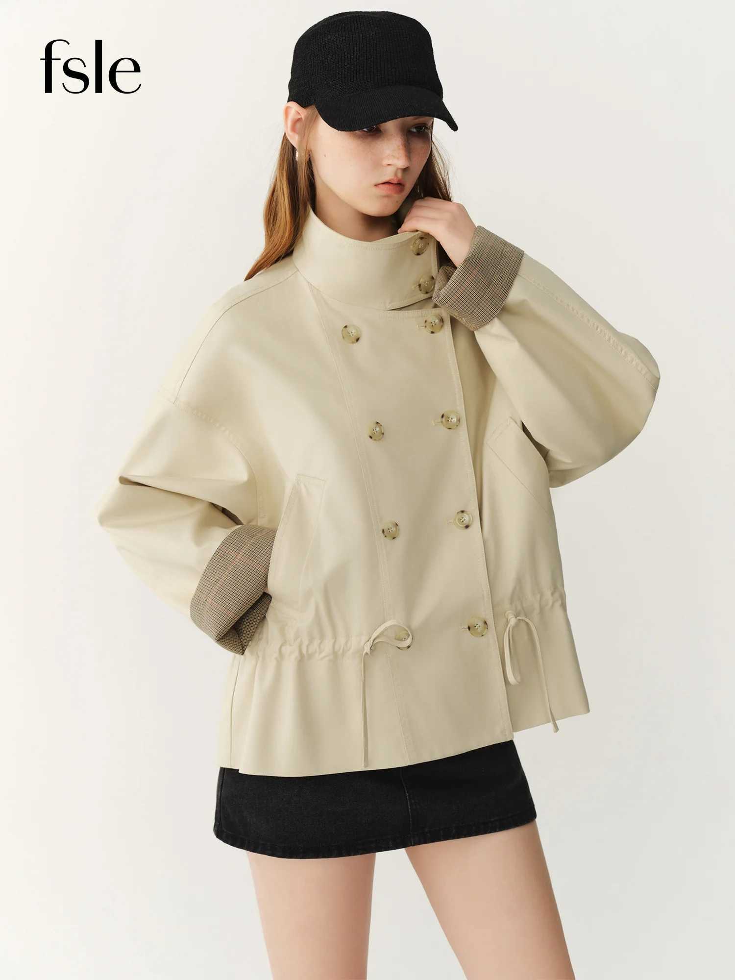 FSLE 2026 Fall Women's Khaki Cropped Lyocell Stand Collar Double Breasted Trench Jacket - Chic Casual Outerwear for Daily Wear M260922