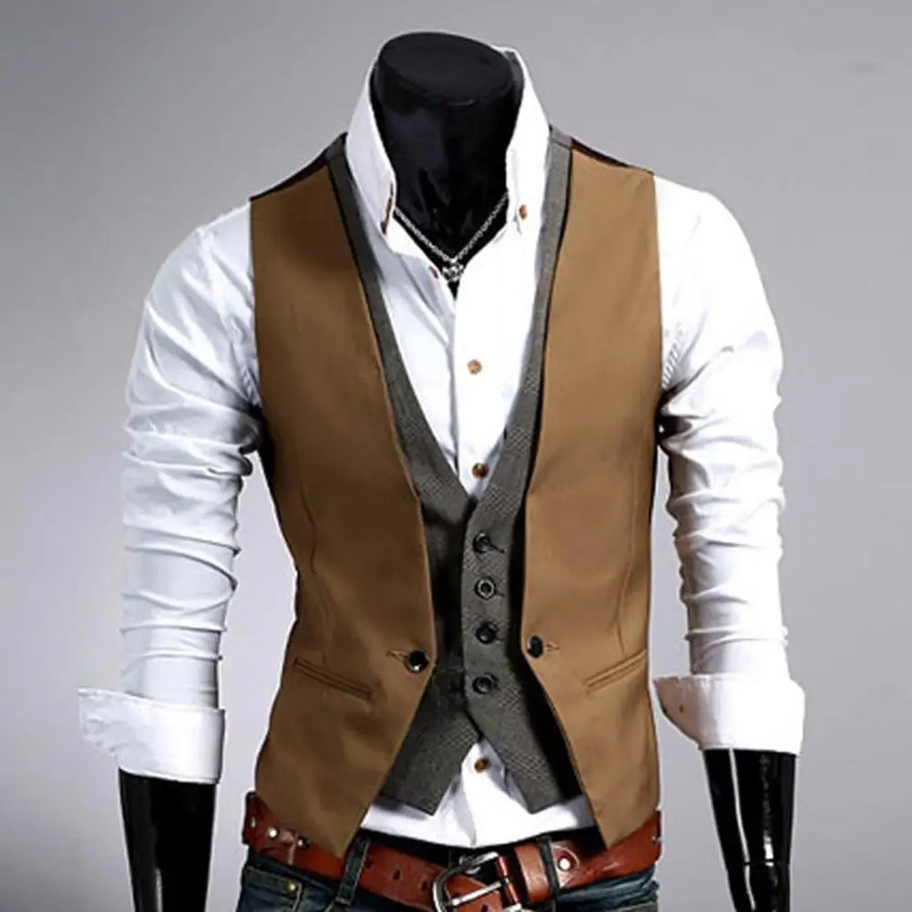 Men Formal Waistcoat Vest Business Solid Color Single Button Vest gilet Two-pieces V Neck Casual Slim chalecos para hombre 260921