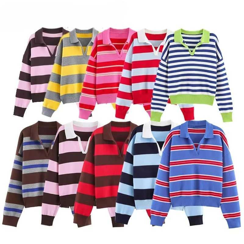 Women's Sweaters Autumn New Women High Street Chic Striped Knitted Sweaters Female Long Sleeve Vintage Style Tops H260923